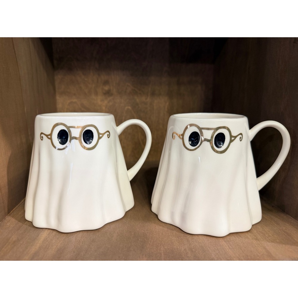 Anthropologie The Mud Fairy Ghost Mug Set of 2 White Gold 24k Glasses Halloween